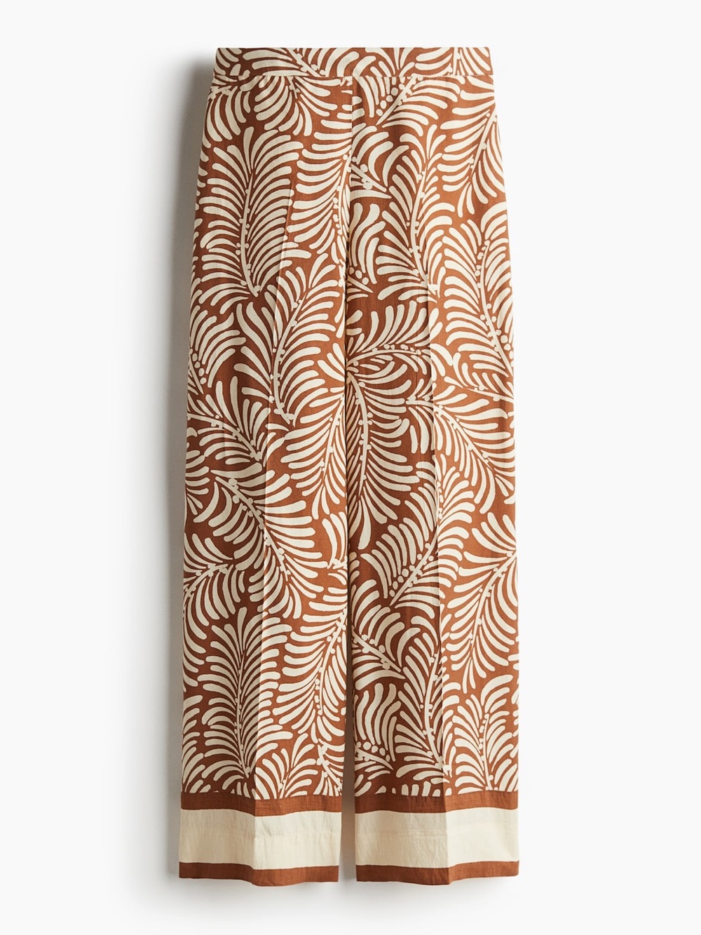 H&M, Wide Leg Printed Linen Pants - Brown & Cream